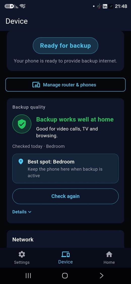 ViaLinx app device and backup quality screen