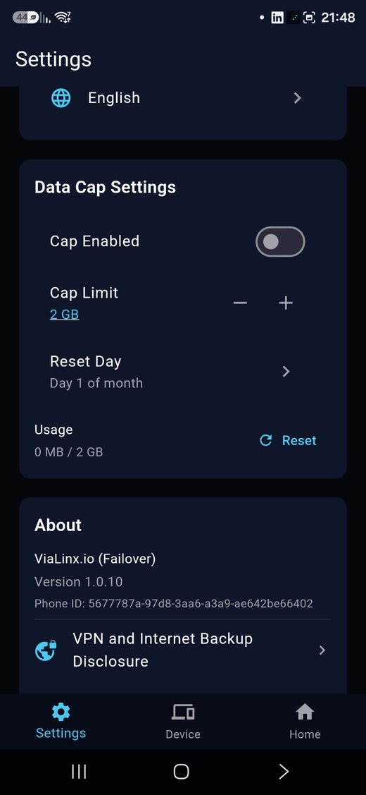 ViaLinx app settings and data cap screen